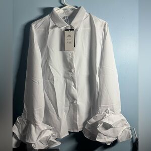 White Ruffle Sleeve Button-Up Shirt